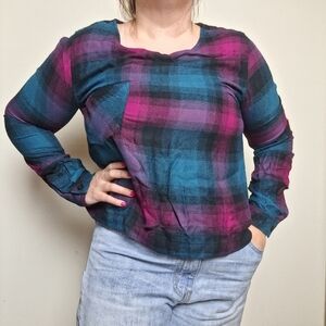 Anthropologie Cloth and Stone Pink and Teal Plaid Lace Up Back Top Size Small